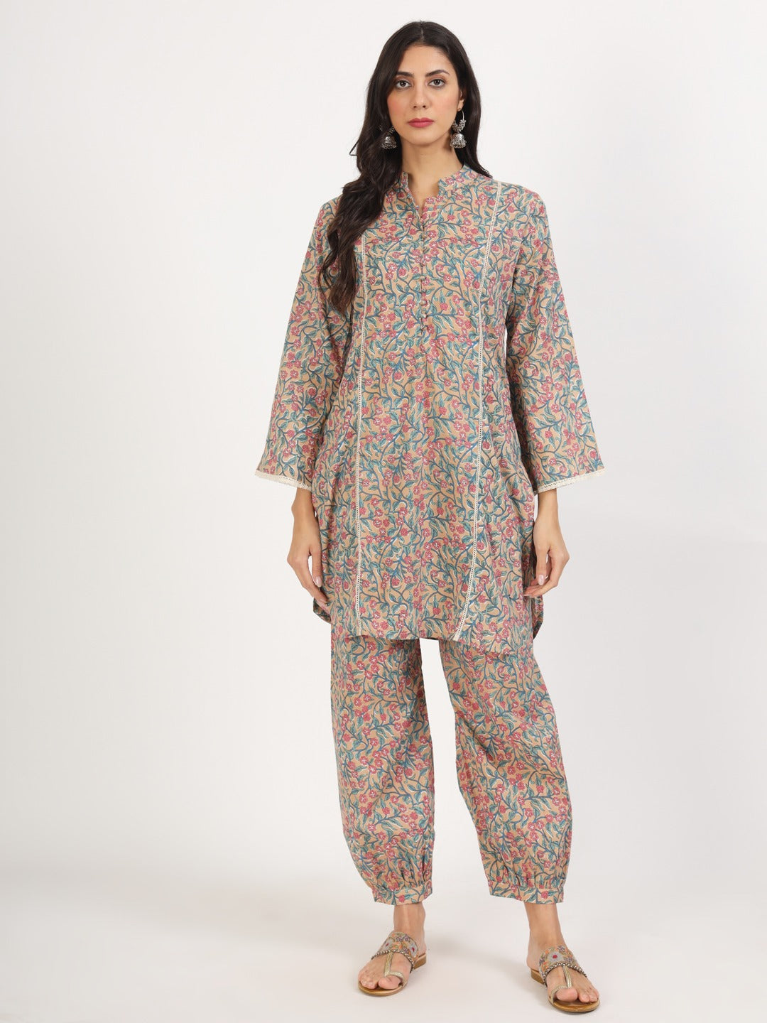 Women’s Beige Floral Print Pure Cotton Co-ord Set with Harem Pants