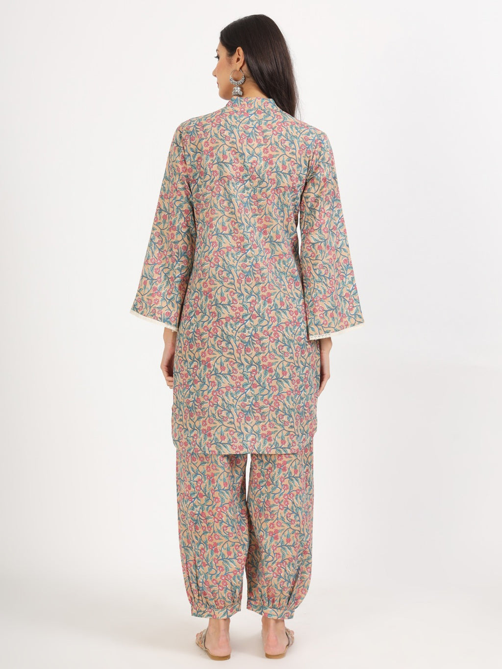 Women’s Beige Floral Print Pure Cotton Co-ord Set with Harem Pants