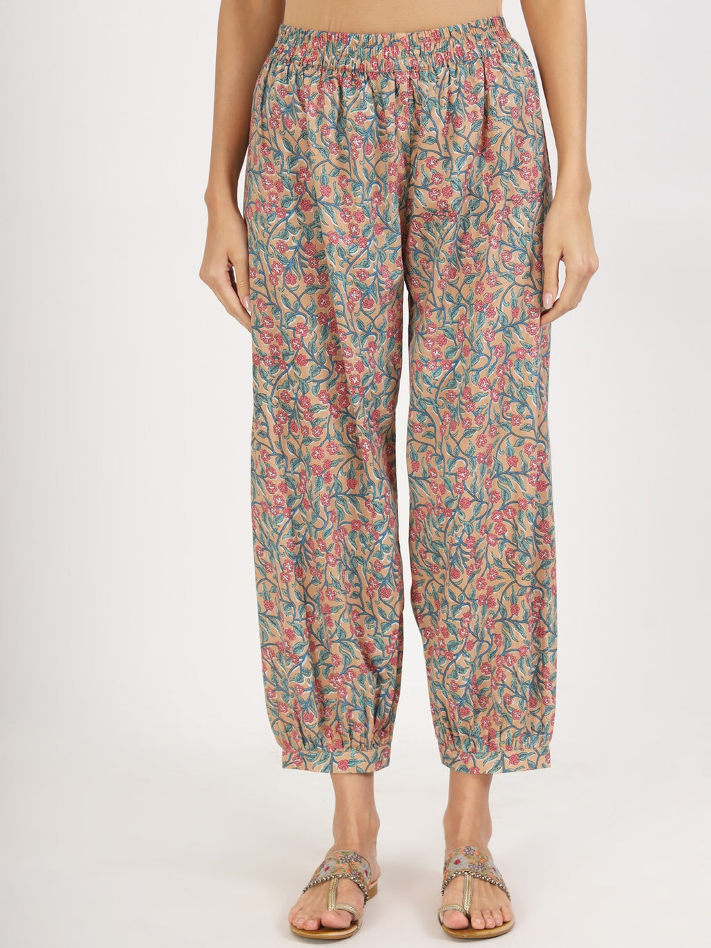 Women’s Beige Floral Print Pure Cotton Co-ord Set with Harem Pants