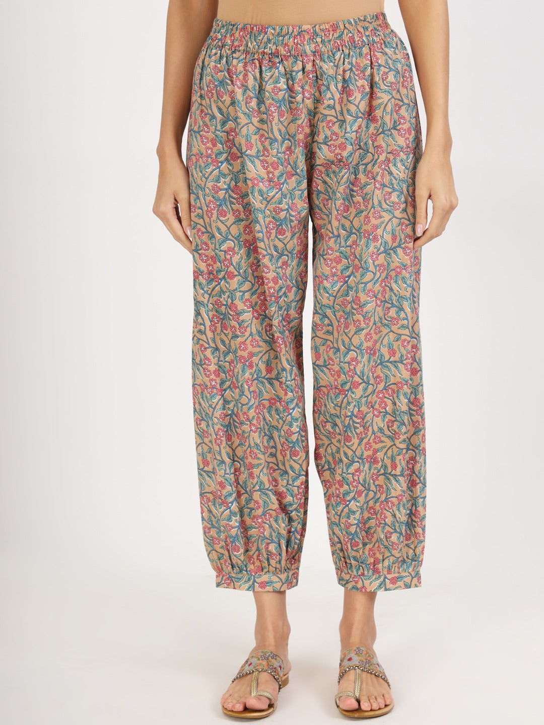 Women’s Beige Floral Print Pure Cotton Co-ord Set with Harem Pants