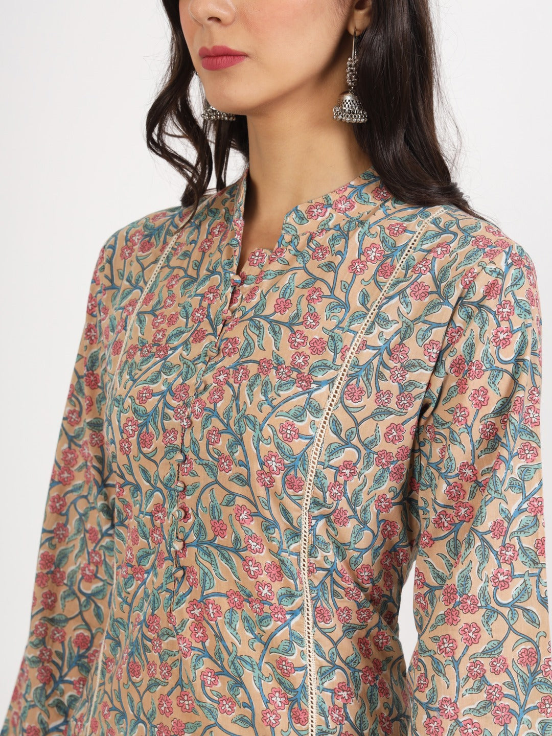 Women’s Beige Floral Print Pure Cotton Co-ord Set with Harem Pants
