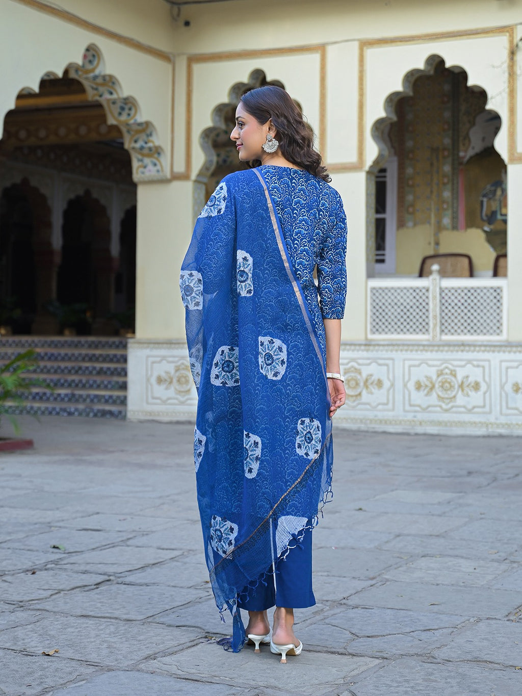 Women’s Blue Cotton Kurta Pant Set with Kota Doria Dupatta