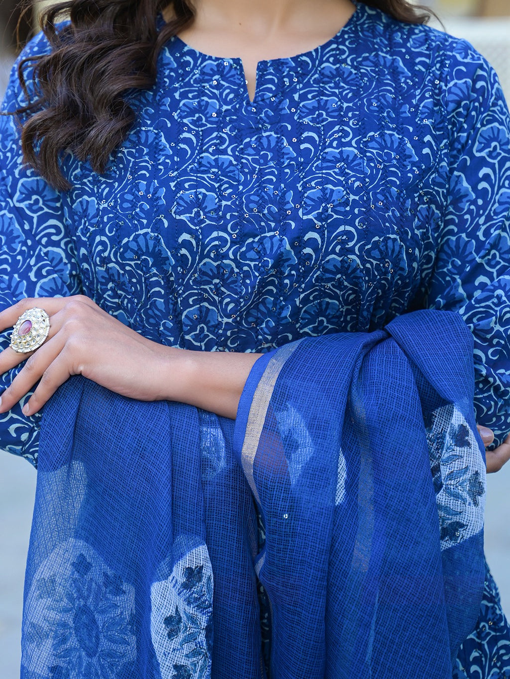 Women’s Blue Cotton Kurta Pant Set with Kota Doria Dupatta