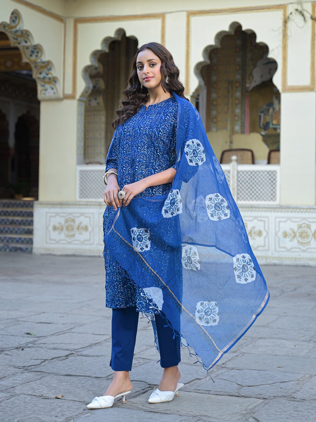 Women’s Blue Cotton Kurta Pant Set with Kota Doria Dupatta