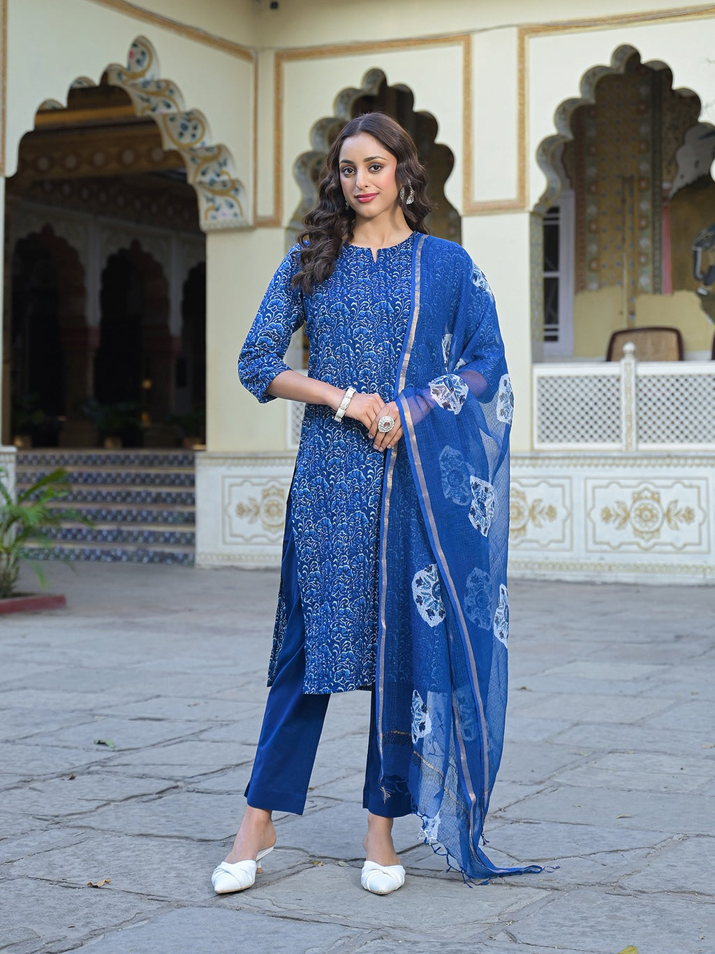 Women’s Blue Cotton Kurta Pant Set with Kota Doria Dupatta