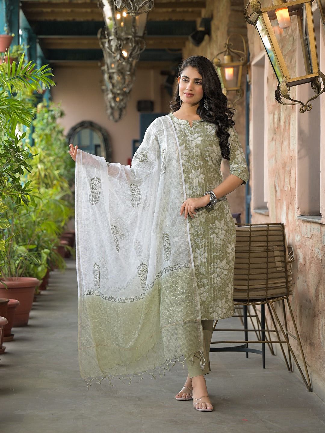 Women’s Olive Green Cotton Kurta Pant Set with Kota Doria Dupatta