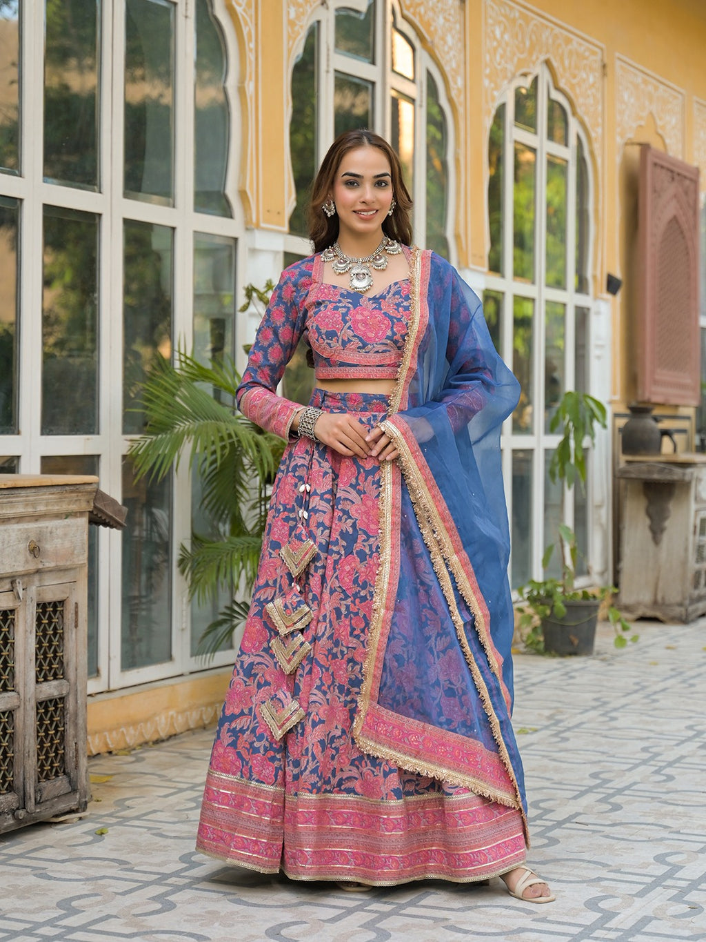 Women’s Blue Printed Cotton Lehenga Choli with Dupatta