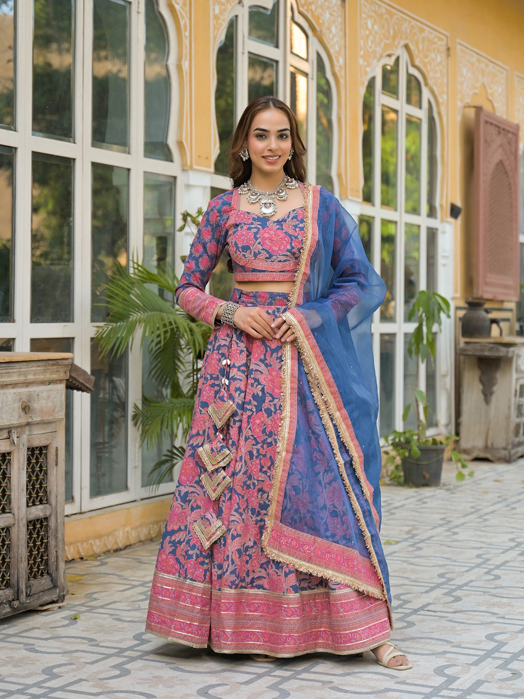 Women’s Blue Printed Cotton Lehenga Choli with Dupatta