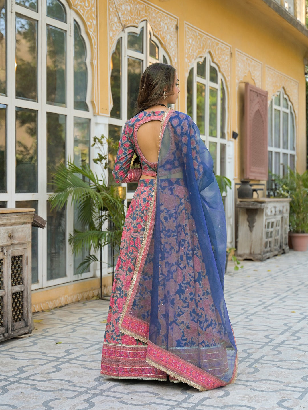 Women’s Blue Printed Cotton Lehenga Choli with Dupatta