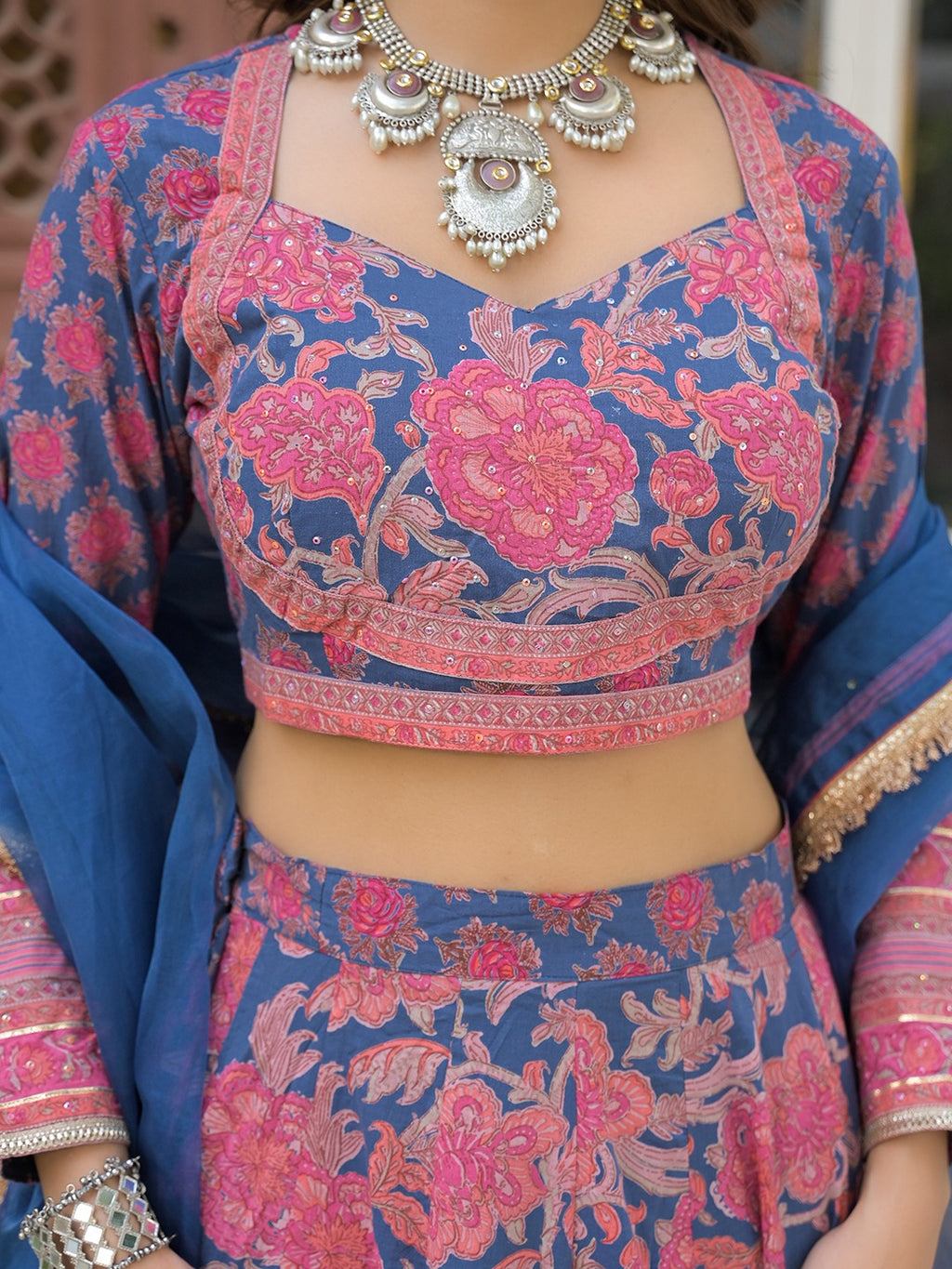 Women’s Blue Printed Cotton Lehenga Choli with Dupatta