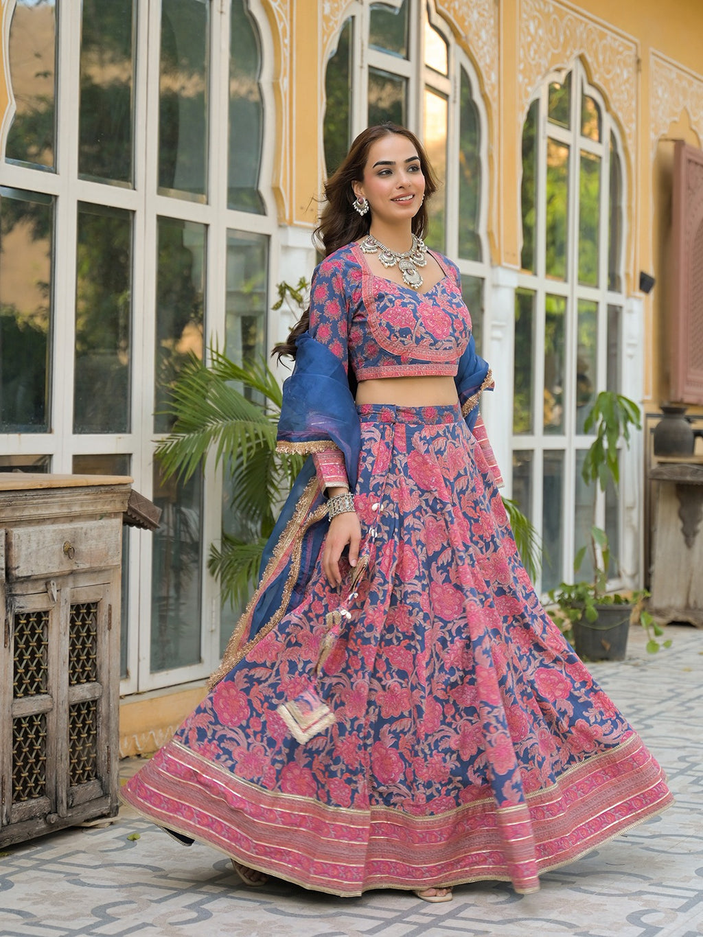 Women’s Blue Printed Cotton Lehenga Choli with Dupatta