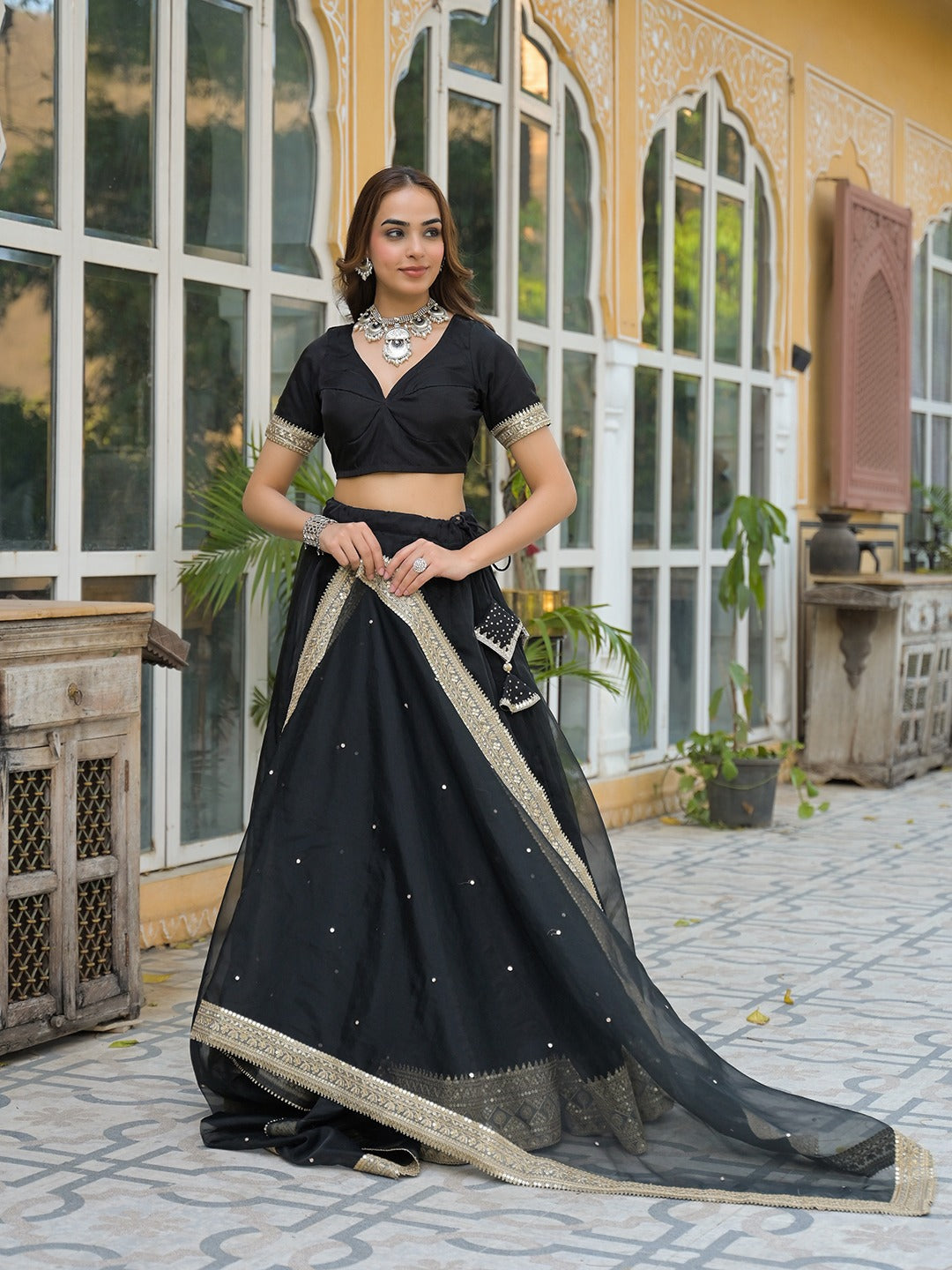 Women’s Black Solid Organza Lehenga Choli with Dupatta