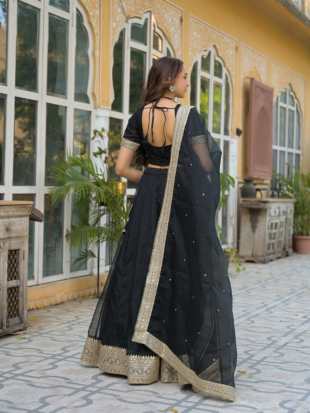 Women’s Black Solid Organza Lehenga Choli with Dupatta