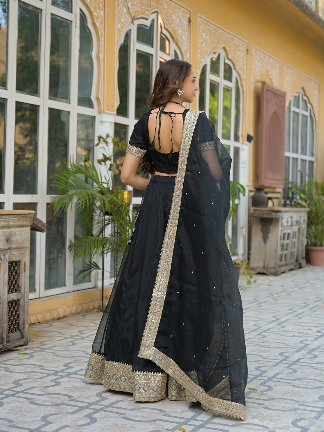 Women’s Black Solid Organza Lehenga Choli with Dupatta