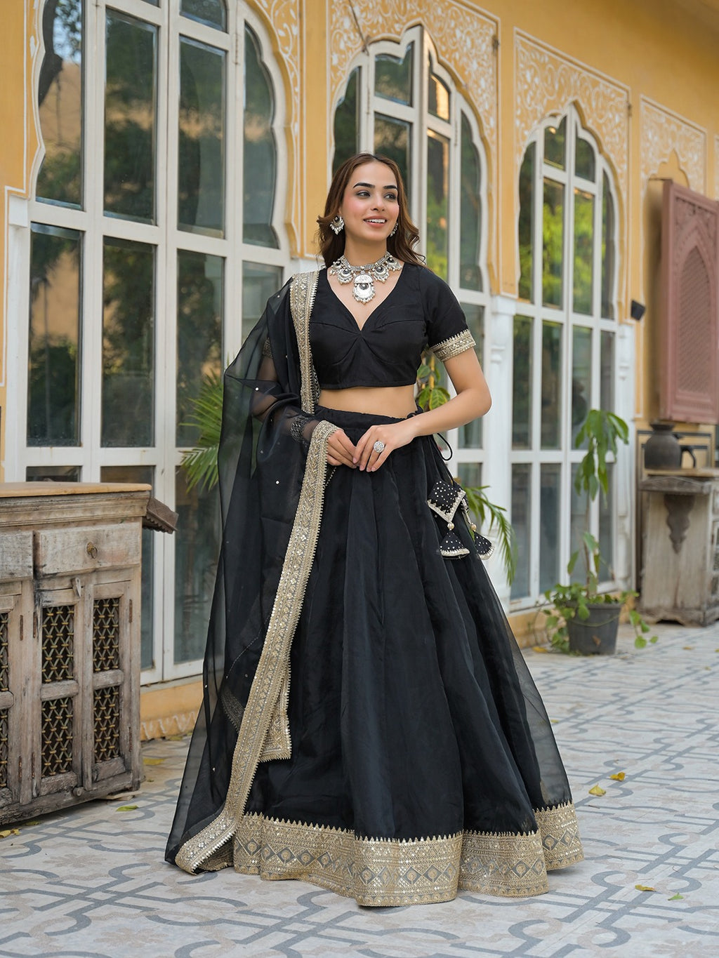 Women’s Black Solid Organza Lehenga Choli with Dupatta