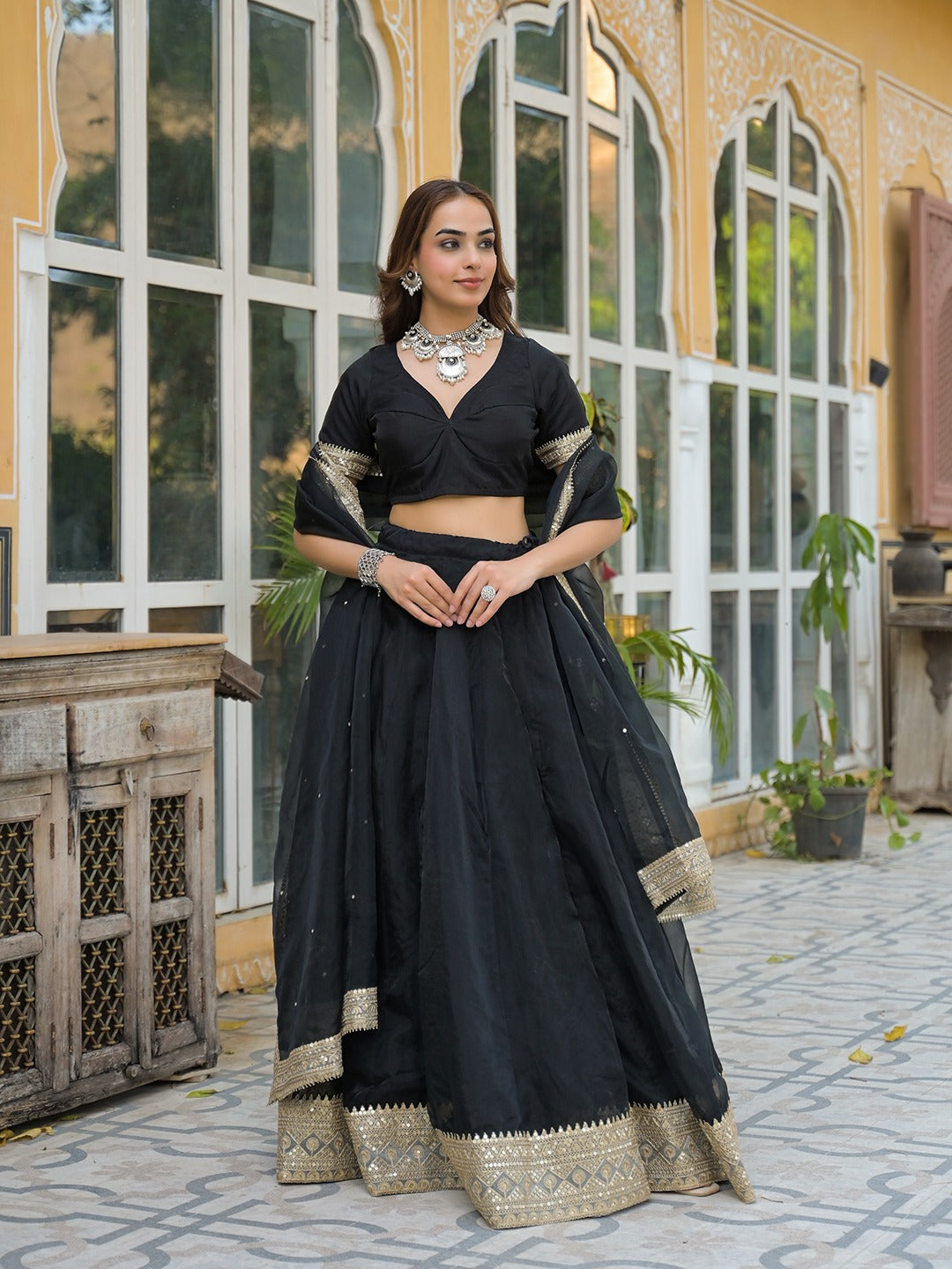 Women’s Black Solid Organza Lehenga Choli with Dupatta