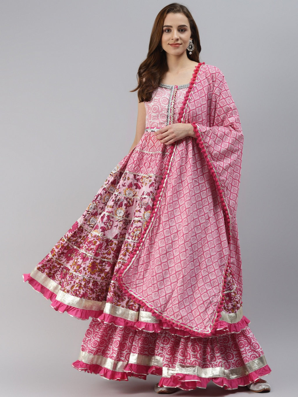 Women’s Pink Cotton Sleeveless Anarkali Sharara Set with Dupatta
