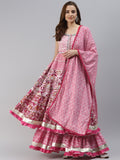 Women’s Pink Cotton Sleeveless Anarkali Sharara Set with Dupatta