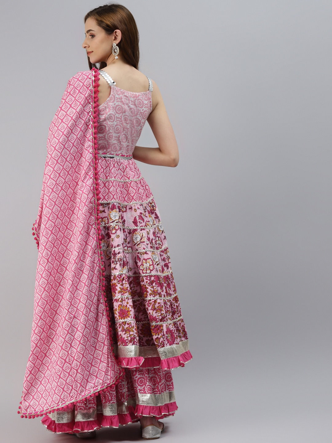 Women’s Pink Cotton Sleeveless Anarkali Sharara Set with Dupatta