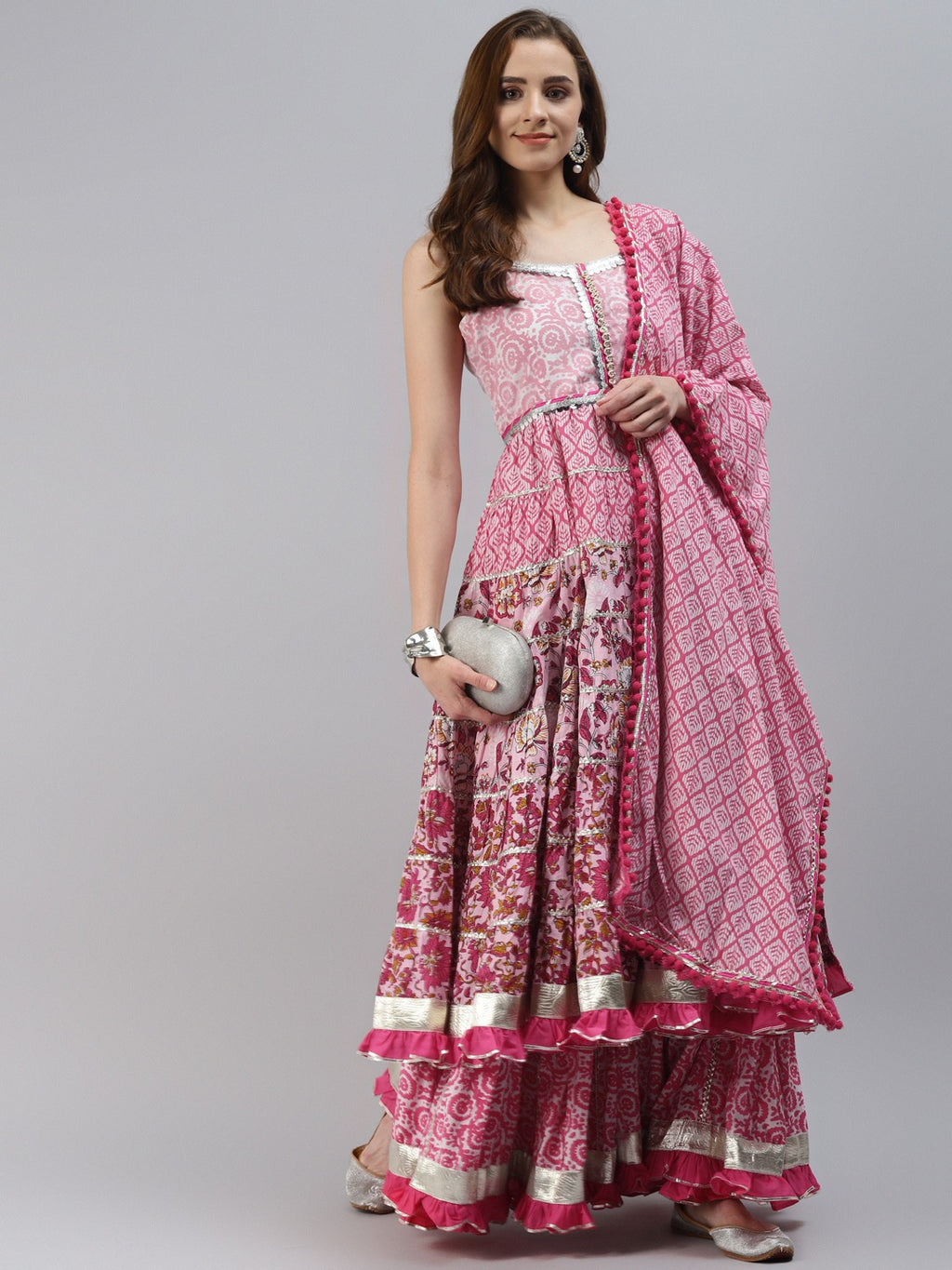Women’s Pink Cotton Sleeveless Anarkali Sharara Set with Dupatta