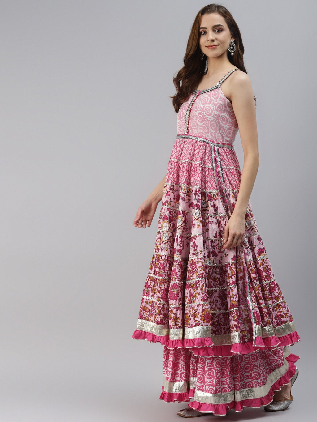 Women’s Pink Cotton Sleeveless Anarkali Sharara Set with Dupatta