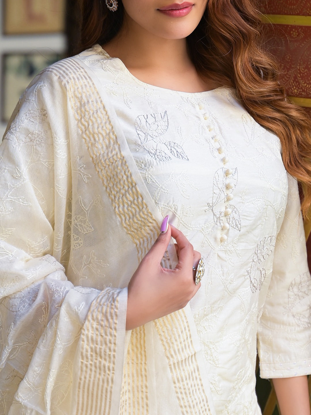 Women’s Cream Solid Chanderi Silk Kurta Pant Set with Dupatta