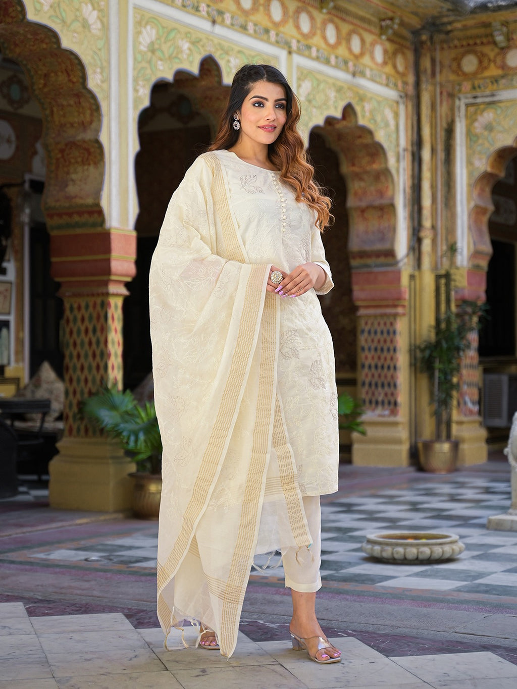Women’s Cream Solid Chanderi Silk Kurta Pant Set with Dupatta