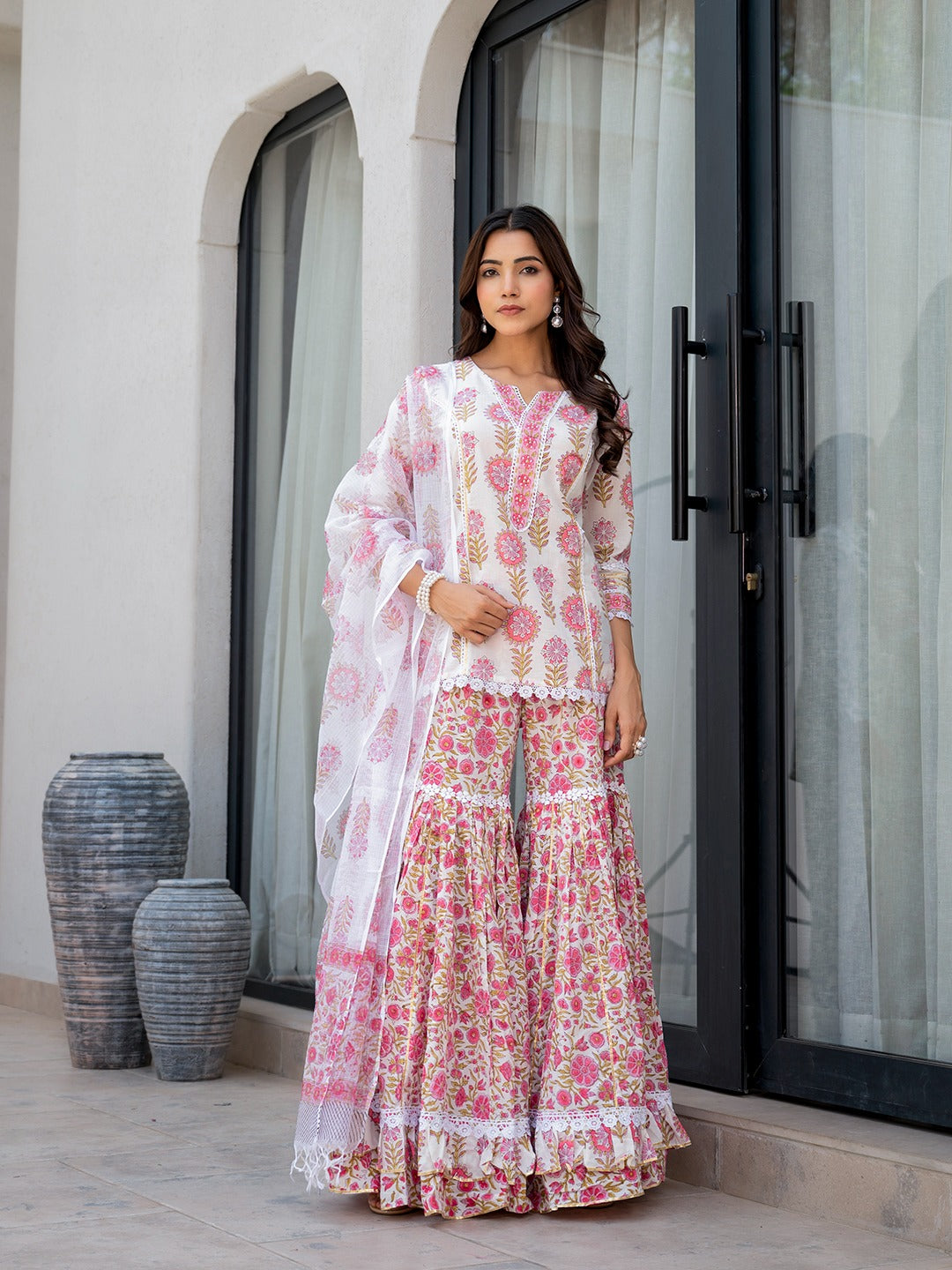 Women’s White Floral Print Pure Cotton Kurta Sharara Set with Kota Doria Dupatta
