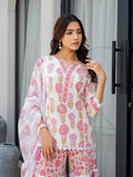 Women’s White Floral Print Pure Cotton Kurta Sharara Set with Kota Doria Dupatta