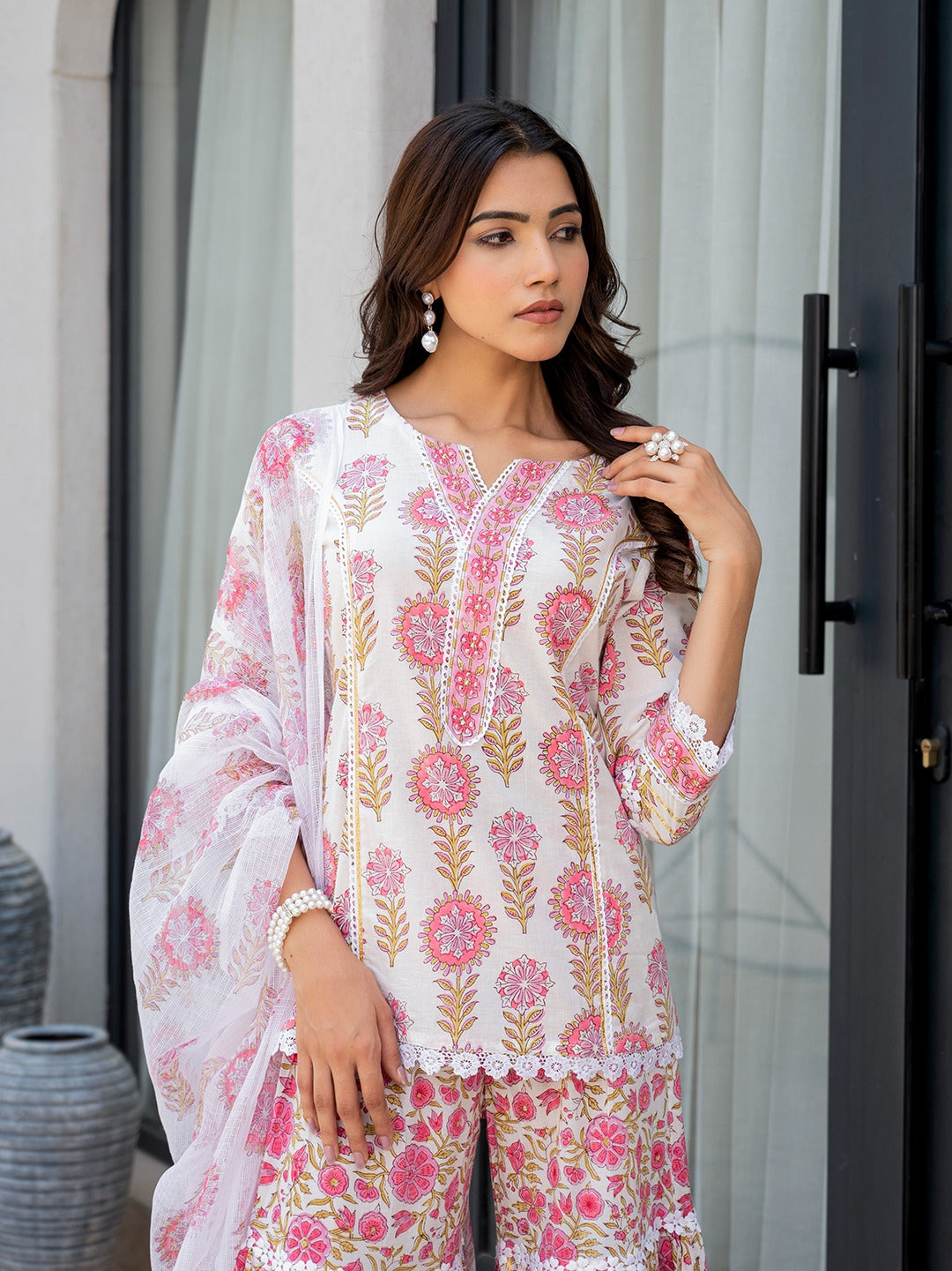 Women’s White Floral Print Pure Cotton Kurta Sharara Set with Kota Doria Dupatta