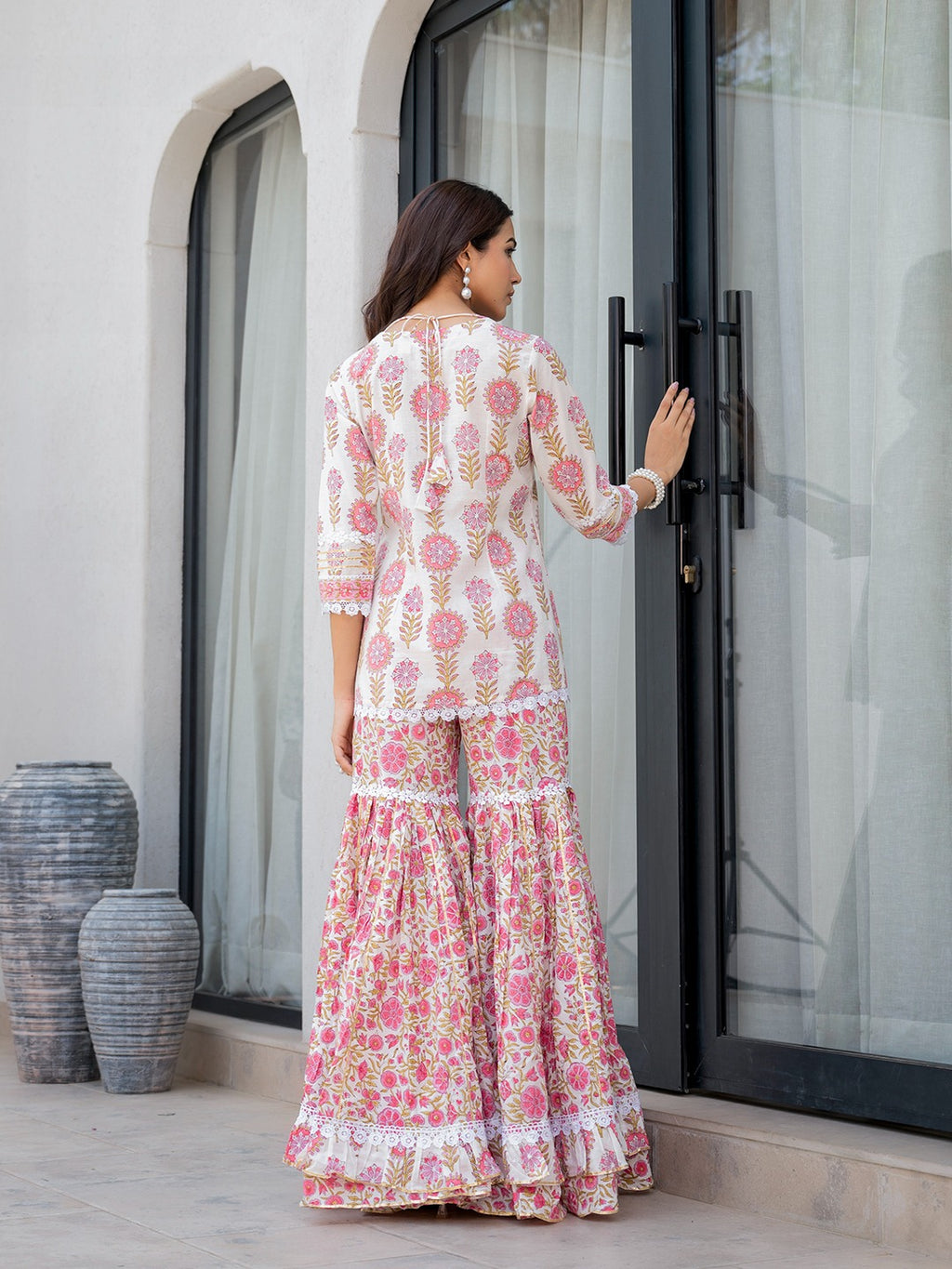 Women’s White Floral Print Pure Cotton Kurta Sharara Set with Kota Doria Dupatta