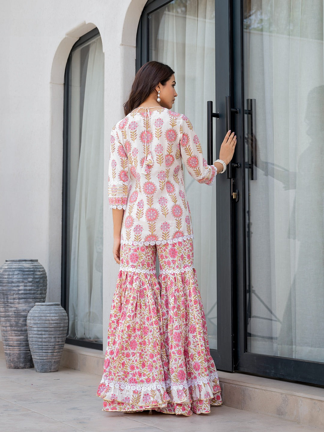 Women’s White Floral Print Pure Cotton Kurta Sharara Set with Kota Doria Dupatta