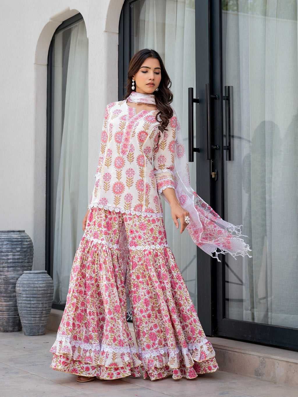 Women’s White Floral Print Pure Cotton Kurta Sharara Set with Kota Doria Dupatta