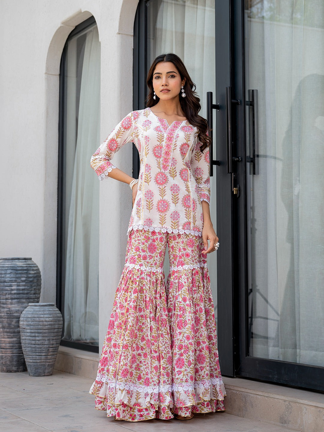 Women’s White Floral Print Pure Cotton Kurta Sharara Set with Kota Doria Dupatta