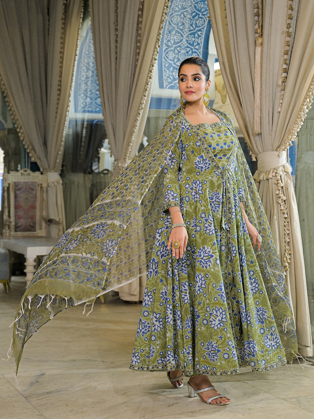 Women’s Green Hand Block Anarkali Kurta Pant Set with Dupatta & Jacket