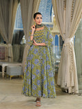 Women’s Green Hand Block Anarkali Kurta Pant Set with Dupatta & Jacket