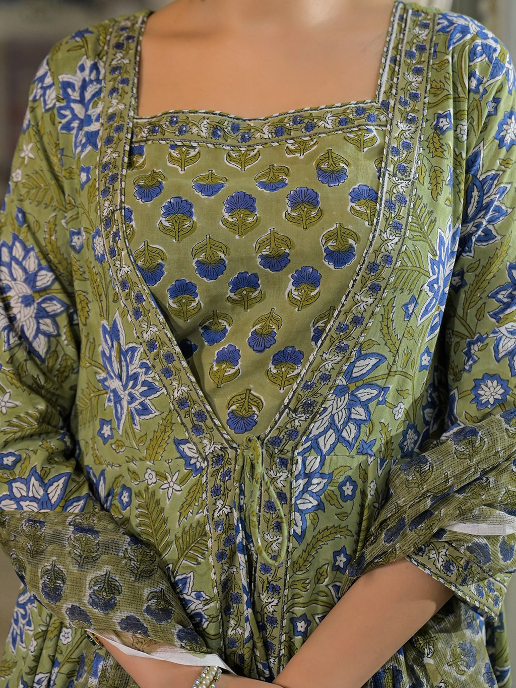 Women’s Green Hand Block Anarkali Kurta Pant Set with Dupatta & Jacket