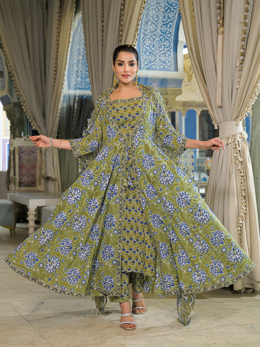 Women’s Green Hand Block Anarkali Kurta Pant Set with Dupatta & Jacket
