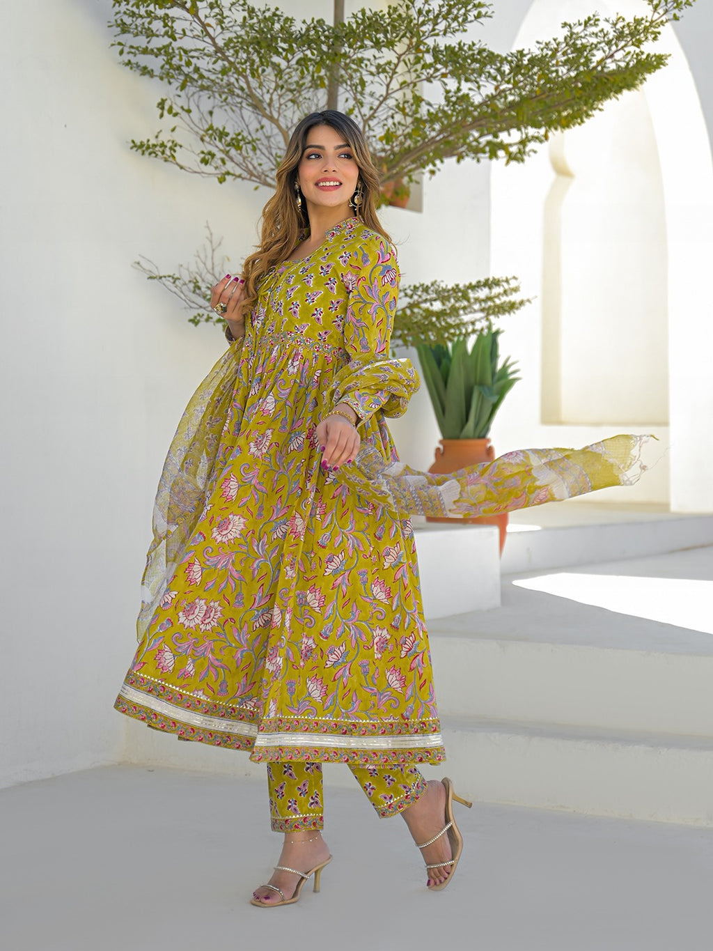 Women’s Mustard Hand Block Anarkali Kurta Pant Set with Kota Doria Dupatta