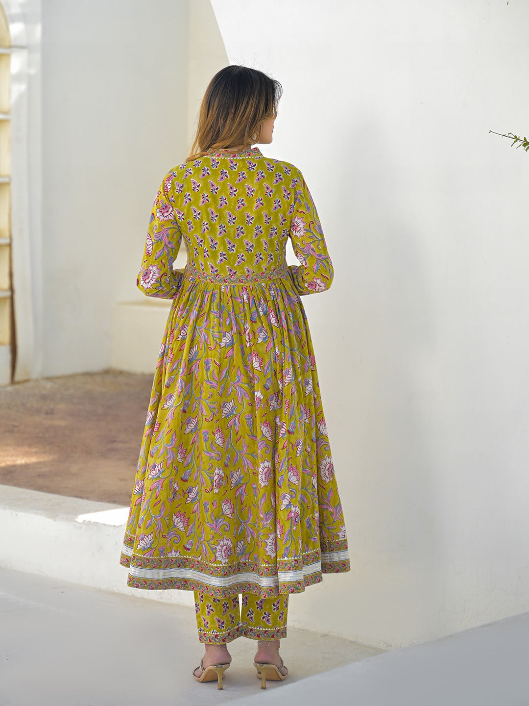 Women’s Mustard Hand Block Anarkali Kurta Pant Set with Kota Doria Dupatta