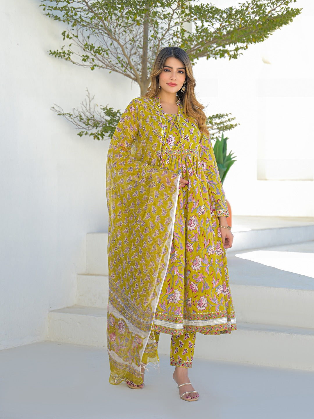 Women’s Mustard Hand Block Anarkali Kurta Pant Set with Kota Doria Dupatta