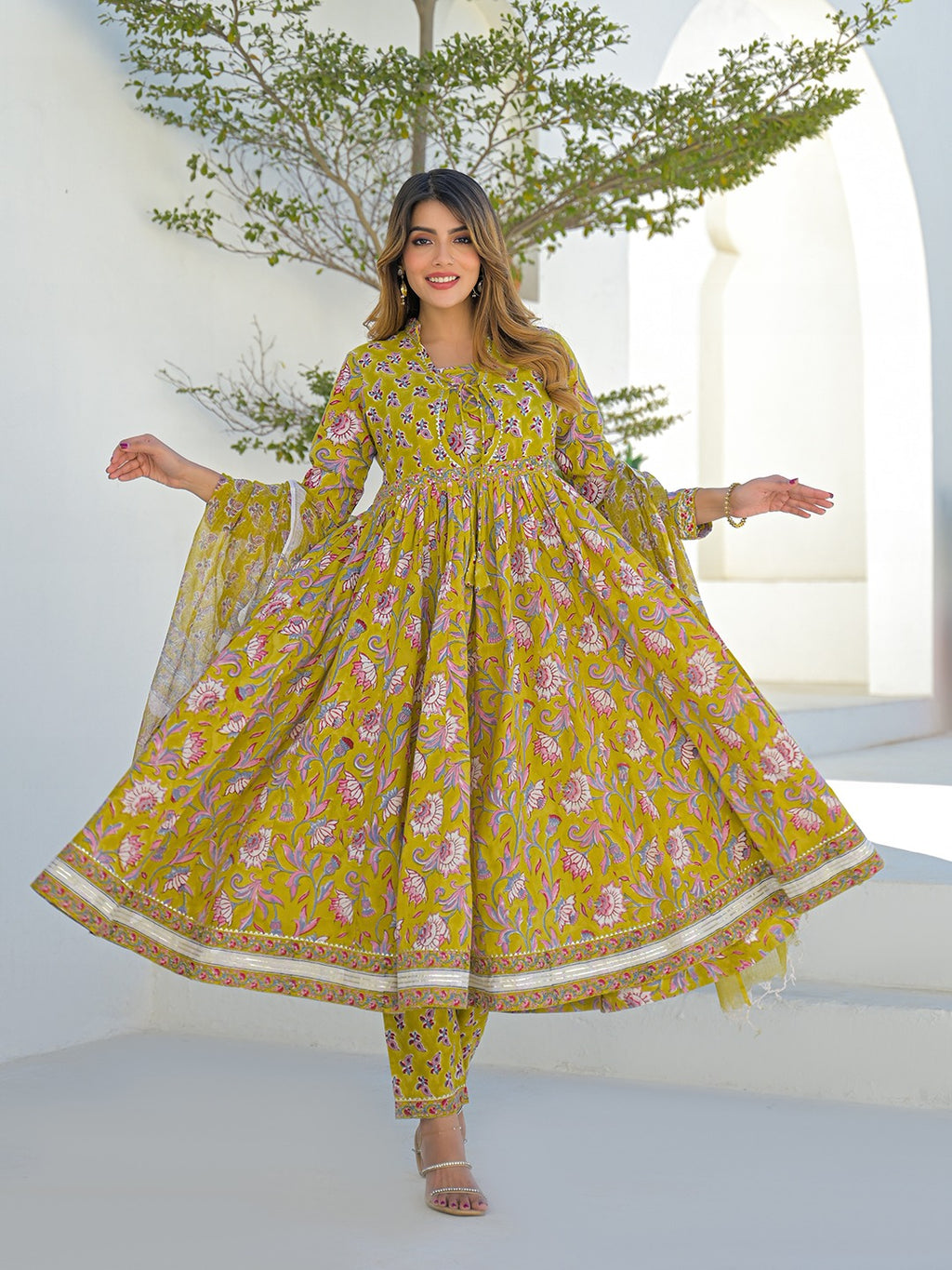 Women’s Mustard Hand Block Anarkali Kurta Pant Set with Kota Doria Dupatta