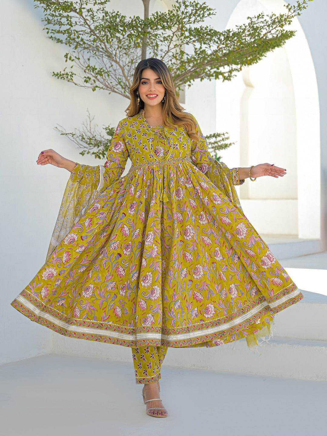 Women’s Mustard Hand Block Anarkali Kurta Pant Set with Kota Doria Dupatta