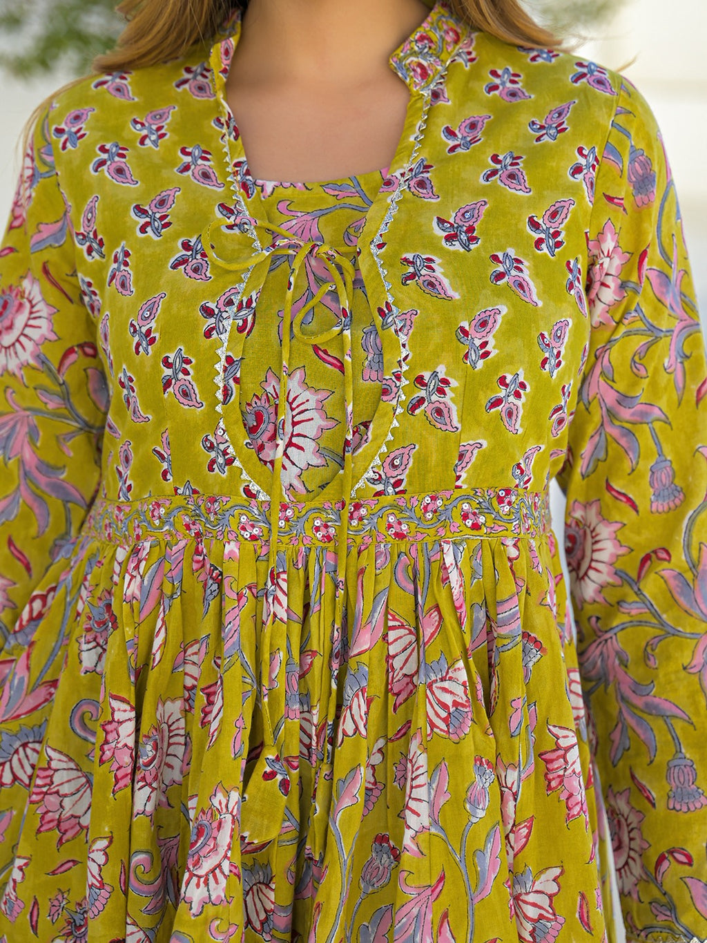 Women’s Mustard Hand Block Anarkali Kurta Pant Set with Kota Doria Dupatta